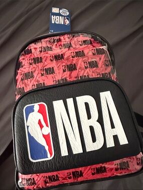 NBA Black and Pink Logo Backpack with incased Dennis Rodman funko pop